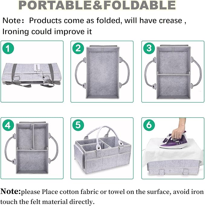 XUANGUO Large Baby Diaper Caddy Organizer, Felt Basket with Handles, Grey | Nursery storage bin with dividers; portable tote bag for baby stuff, changing table or car, baby shower and registry gifts. - Image 6