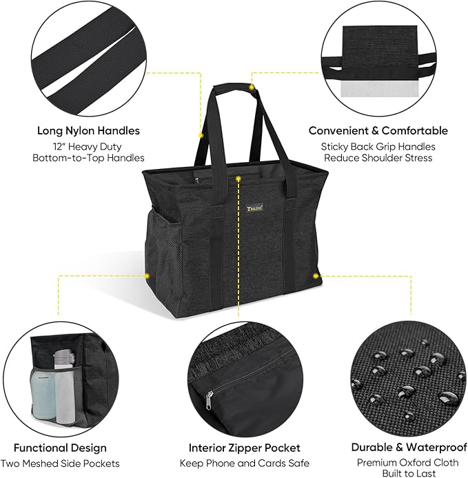 BALEINE Extra Large Utility Tote Bag with Reinforced Wire Frame, Reusable Grocery Bag for Shopping, Picnic (Black, 16.5''x14''x10'') - Image 3