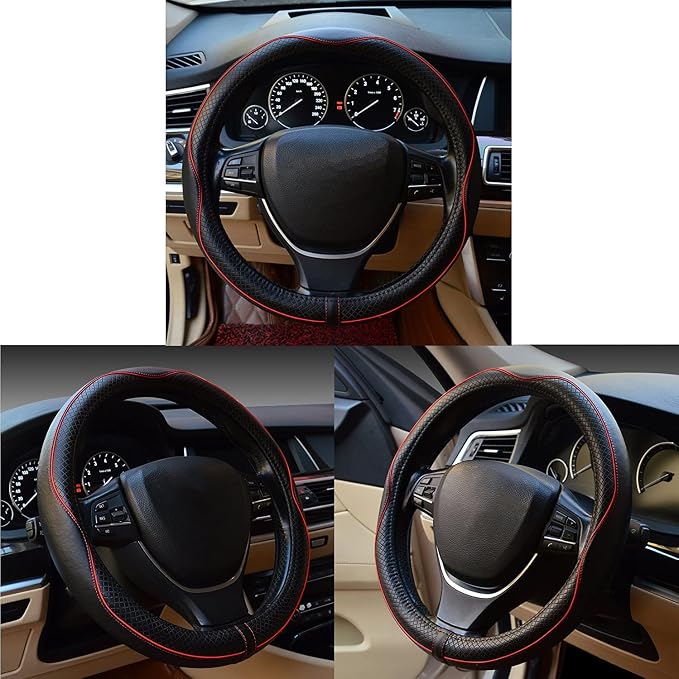 Car Steering Wheel Cover, Anti-Slip, Safety, Soft, Breathable, Heavy Duty, Thick, Full Surround, Sports Style (Black with Red line) - Image 2