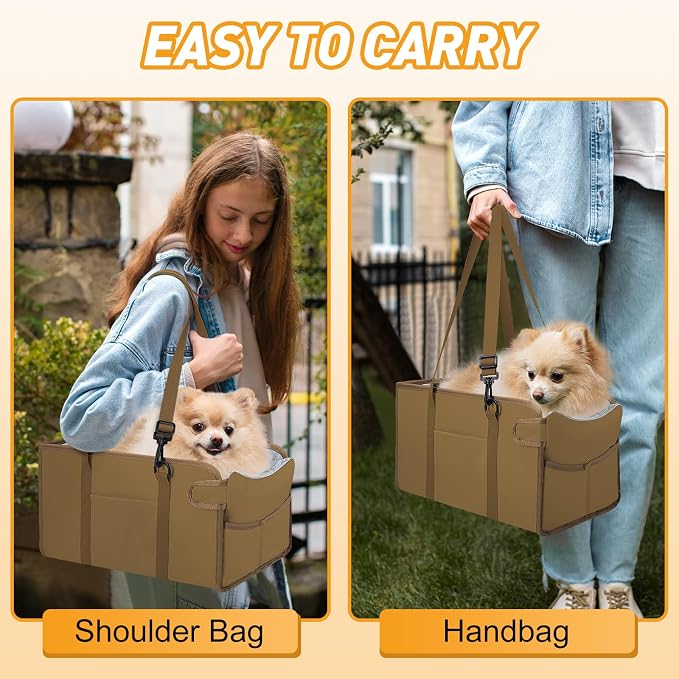 Portable Dog Car Seat for Small Dogs, Puppy Car Seat, Khaki | Booster Seat With Safety Leash & Adjustable Straps Keeps Small Dogs Secure. Removable Washable Cushion. Fits Most Cars. - Image 7