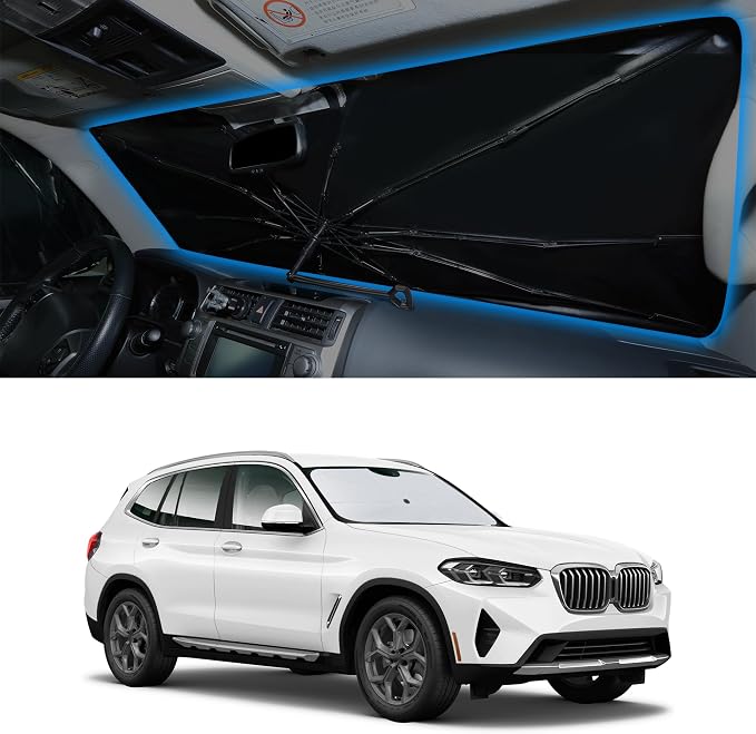 Windshield Sun Shade Umbrella for 2018-2026 BMW X3 | Full covered for windshield, Block UV Rays, Heat Reduction, Easy to install, Durable & Fold Up Small by YYCKE