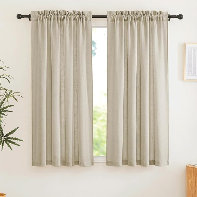 RYB HOME Linen Textured Semi Sheer Curtains Half Privacy Light Glare Filtering Breezy Airy Window Decor for Bedroom Bathroom Living Room, Beige, W 34 x L 63 inch, 2 Panels by RYBHOME