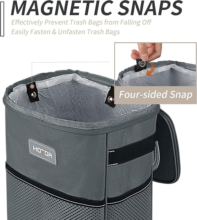 HOTOR Car Trash Can, Compact Waterproof Organizer, Leak-Proof Bin, 2-Gallon | Gray, Multifunctional Car Accessory with Adjustable Straps & Magnetic Snaps for Interior Car Storage - Image 2