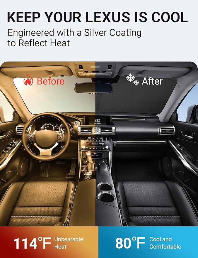 Proadsy Custom Fit 2014-2020 Lexus is Windshield Sun Shade, Blocks Heat | 240T Heat Shield, Drops Temp 54°F, Blocks 99% UV, Prevents Dashboard Cracking, Summer Parking & Beach Trips, Easy Twist-Fold - Image 3