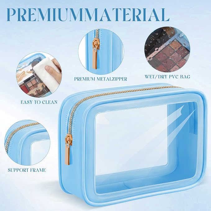 Hsei 12 Pcs Clear Makeup Bags Diaper Bag Organizer Travel Toiletry Bags with Zipper Clear Cosmetic Organizer Car Storage Pouch Bridesmaid Gift for Women Beach Vacation (Blue) - Image 3