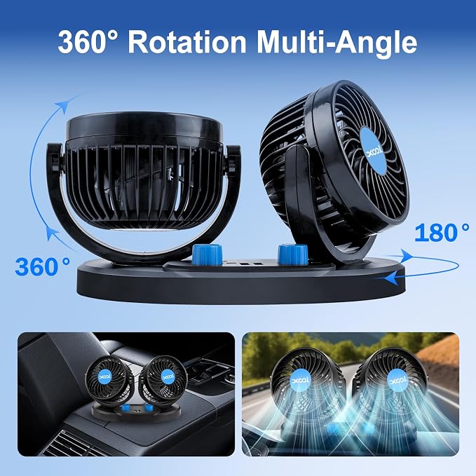 XOOL Car Fan – Car Cooling Fan with 2 USB Charging Ports, Quiet Strong Airflow, Cigarette Lighter Plug, Fan for Car, Vehicles, RVs, and SUVs - Image 3