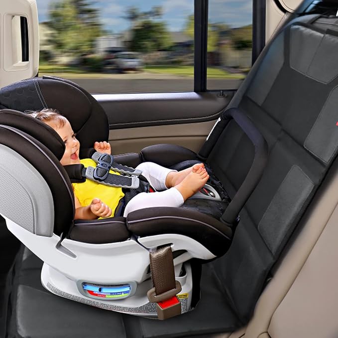 Kaiphy Car Seat Protector with Thick Padding + XL Large Car Seat Cover for Child Car seat, Eco Friendly Waterproof & Durable Fabric + 2 Storage Pockets Protect Fabric or Leather Seats 2Pack (Black) - Image 5