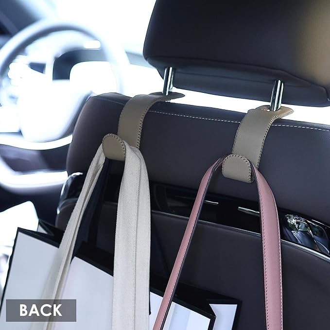 AMVOYOA Leather Car Hooks for Headrest - Fully Leather-Wrapped U-Shaped Purse Holder for Car, Flexible Seat Back Organizer & Durable Car Accessories for Purses, Bags, Coats & More (Beige, 2 Pack) - Image 4