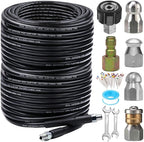 200FT Sewer Jetter Kit for Pressure Washer, 5800PSI Drain Cleaner Hose 1/4 Inch NPT Corner, Rotating and Button Hose Sewer Jetting Nozzle Pearl Corsage Pin Waterproof Tape with 2 Spanner - Image 2
