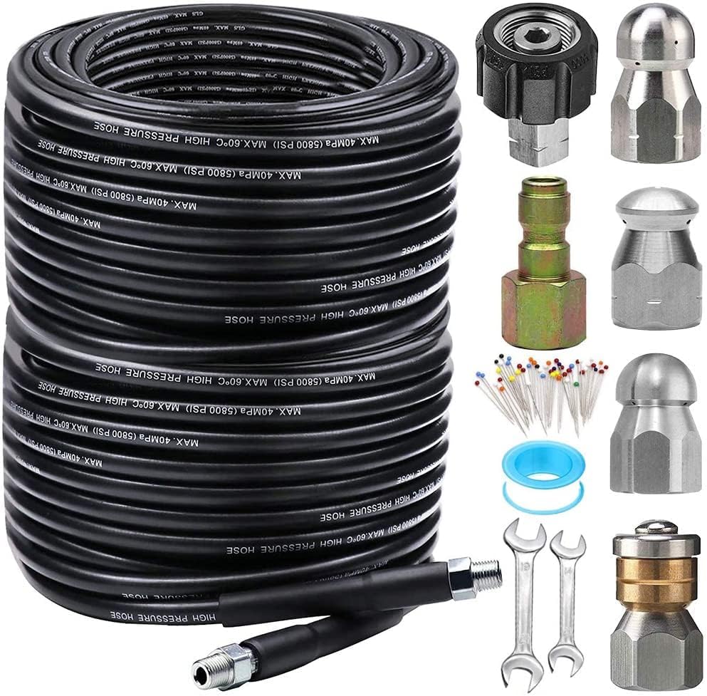 200FT Sewer Jetter Kit for Pressure Washer, 5800PSI Drain Cleaner Hose 1/4 Inch NPT Corner, Rotating and Button Hose Sewer Jetting Nozzle Pearl Corsage Pin Waterproof Tape with 2 Spanner - Image 2