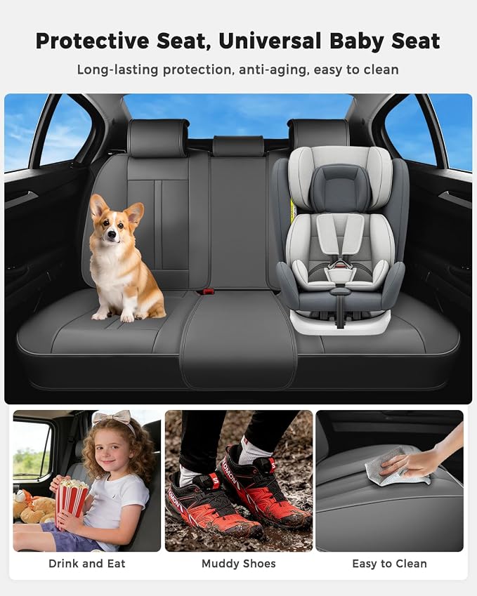 Huidasource Gray Back Seat Cover Luxury Nappa Leather, Rear Seat Cover with Velcro Adjustable, Ventilation Holes, Child Safety Seats, Back Seat Car Cover Universal Fit for Most Cars SUV Trucks, Gray - Image 4