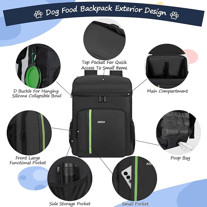 ANILD Dog Travel Bag Backpack, Flight-Ready TSA-Approved Dog Travel Bag with 2 Leak-Proof Food Canisters, 2 Foldable Silicone Bowls, Multi-Compartment Organizer for Hiking, Camping, Dog Mom Essentials - Image 3