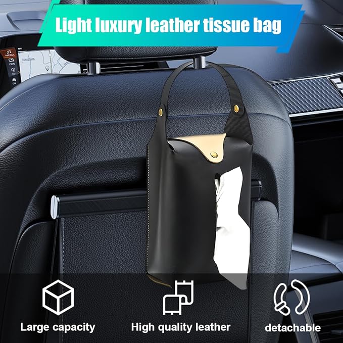 Car Tissue Holder, Large Car Headrest Hanging Tissue Box Cover, PU Leather Auto Napkin Holder, Universal Vehicle Backseat Paper Organizer for Cars Sun Visor (Black) - Image 5