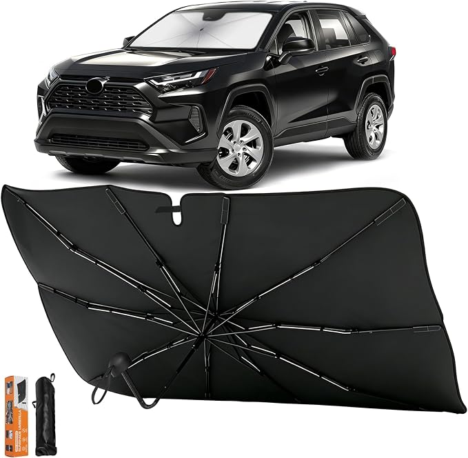 Foldable Car Windshield Sun Shade Umbrella with Rearview Mirror Notch, Titanium Silver UV Blocker for Heat Reduction, Bendable Handle & Anti-Scratch Tips, Fits Sedan Compact SUV (Medium 54"x31") by ZERIXA