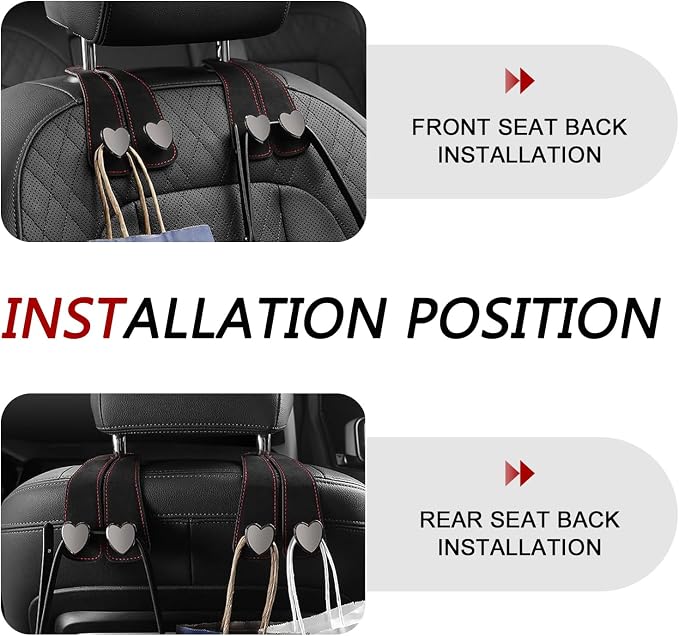 2 PCS Car Headrest Hooks, Suede Heart Rear Seat Double Hooks for Purses Bags Phone Umbrella, Soft Strong Load-bearing Decoration Hanging Organizer, Universal for Most Cars (Black) - Image 7