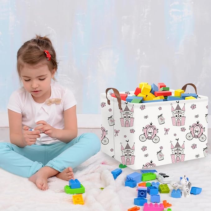 Rectangular castle Storage Basket,Kids Dirty Clothes Hamper,Waterproof canvas storage basket,Books Box,Girls Room decor(Pink Princess) - Image 5