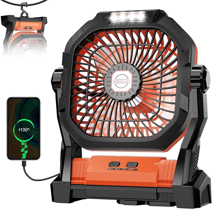 Camping Fan Rechargeable, 20000mAh Battery Powered Portable Fan with LED Light, 4-Speed 180° Adjustable, Camping Essentials for Tent, Travel, Car, Outdoor, Indoor, BBQ, Fishing, Jobsite - Orange - Image 2