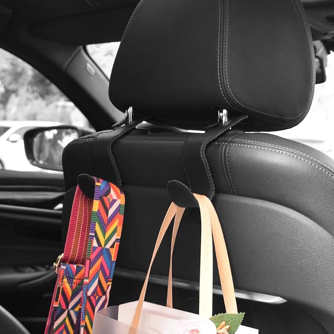 EldHus Seat Hooks for Purses and Bags, 4 Pack Car Purse Holder for Grocery Bag Handbag Clothes, Metal Headrest Hooks Covered by Leather, Black - Image 3