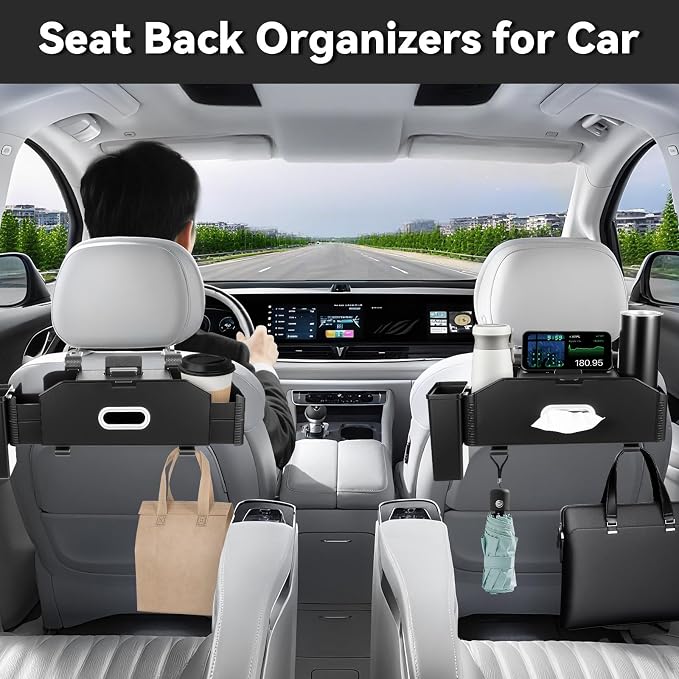 7-In-1 Car Seat Back Organizer with Cup Holders, Tissue Box, Removable Trash Can & Hooks, Multifunctional Car Seat Back Storage Box, Extra Headrest Cup Holder for Backseat (Black02) - Image 7