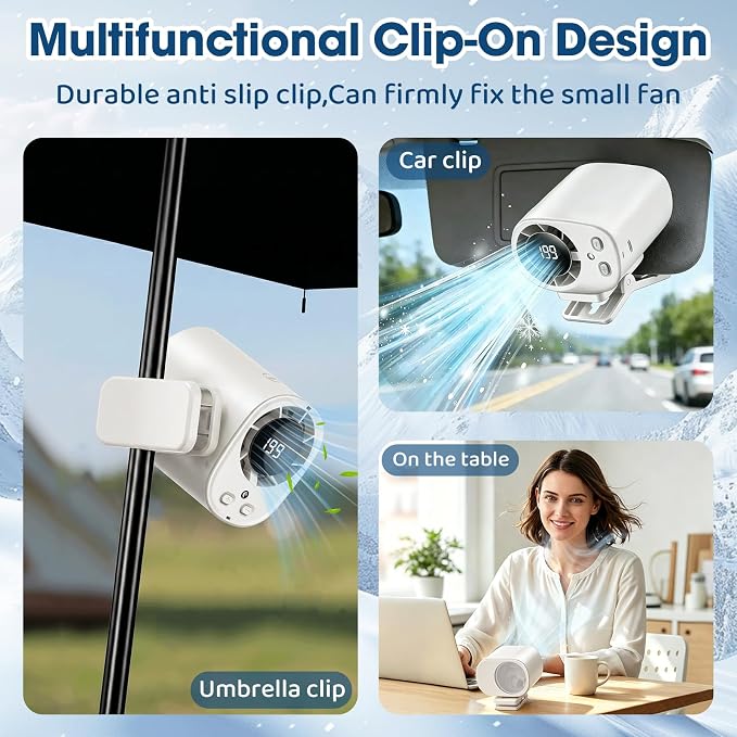 Car Clip on Fan with LED Display & Night Light, 360° Rotatable High Speed Cooling Fan, USB Rechargeable Personal Fan, Hands-Free Clip Fan for Car, Office, Camping & Outdoor Summer Use (White) - Image 7