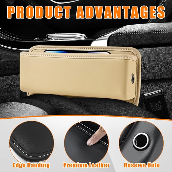Ziciner Car Seat Gap Organizer, Premium Leather Auto Seat Storage Box, Vehicle Adjustable Front Seat Gap Filler, Car Seat Side Pocket Organizer for Phones, Glasses, Keys, Money, Cards (Beige) - Image 3