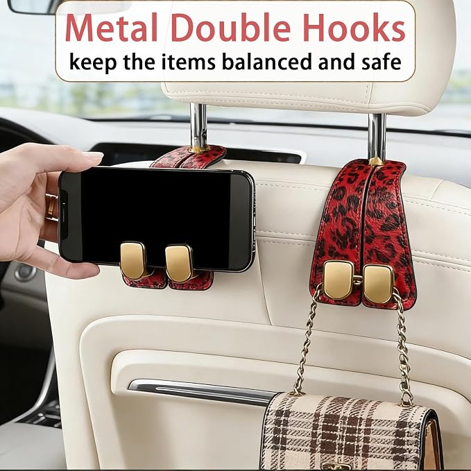 Car Hooks for Headrest: 2Pack Car Seat Back Storage Headrest Hook - Premium Leather Double Metal Hook - Purse Hook For Car Headrest - Car Headrest Hooks for Purses, Handbags, Bags -Red Leopard - Image 4