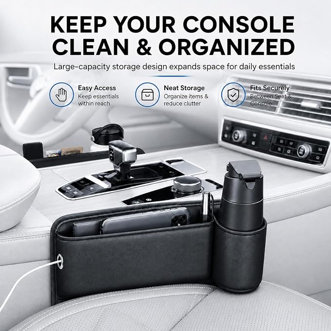 2 Pack Car Seat Gap Filler with Cup Holder – Anti-Drop Design | Universal PU Leather Seat Gap Organizer, Storage Box with Pockets & Cup Holders – Fits Most Vehicles - Image 9