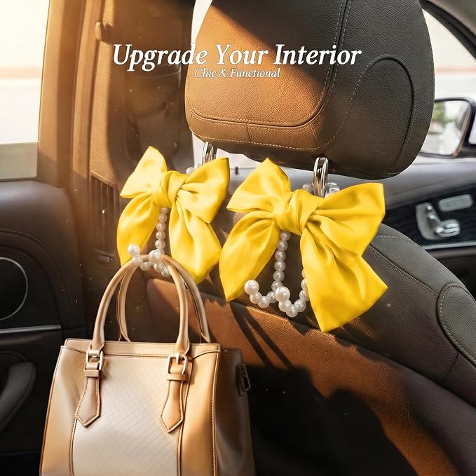 2PCS Satin Bow Pearl Car Seat Headrest Hooks – Car Bag Holder & Vehicle Hanger for Purses – Cute Coquette Aesthetic Interior Decoration – Cute Auto Organizer Accessories Universal (Sunshine Yellow) - Image 2