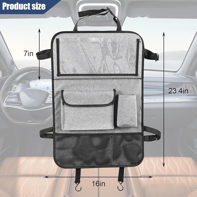 Car Backseat Organizer with Foldable Table Tray, 6 Storage Pocket Vehicle Seat Back Protector Kick Mat with Touch Screen Phone Holder, Auto Seat Organizer for Travel, Universal Fit (Grey) - Image 2