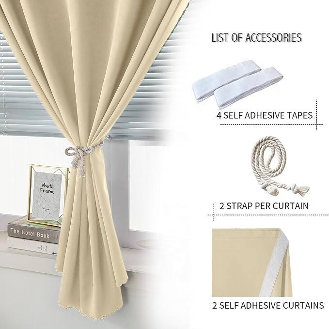 Self Adhesive Portable Blackout Curtains for Bedroom Easy to Install Window Thermal Lnsulated Kitchen Room Darkening Small Window Curtains, 47" W X 96" L, Beige, 2 Panels - Image 2