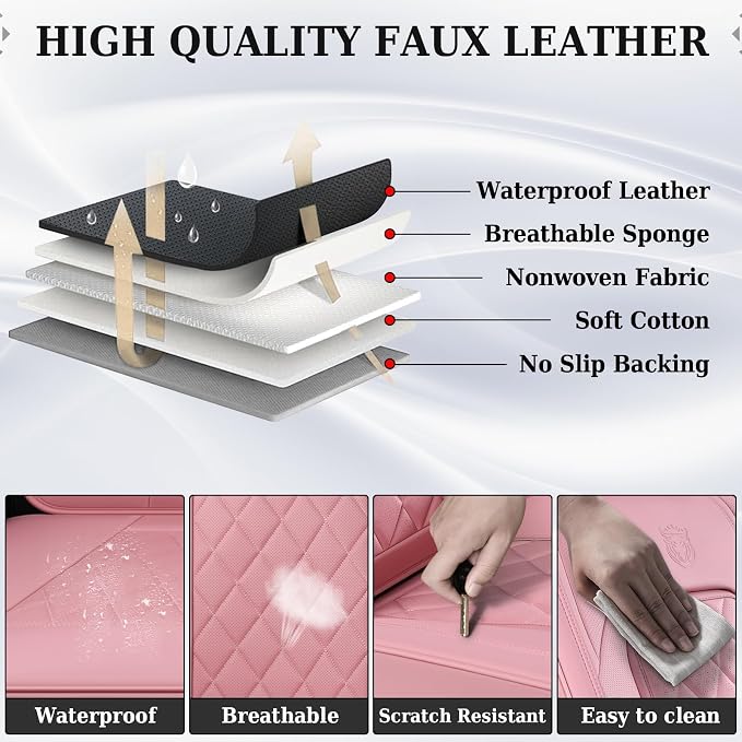 Coverado Front Seat Covers, Luxury Faux Leather Seat Covers for Cars, Pink Car Seat Covers, Car Seat Protector Waterproof, Automotive Interior Accessories Universal Fit for Most Sedans, SUVs, Trucks - Image 5