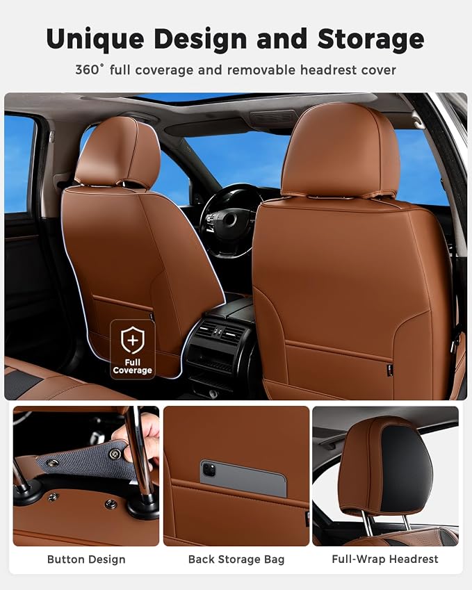Huidasource Front Seat Covers Luxury Nappa Leather, Driver Seat Cover with Airbag, Front Storage Pocket, Lumbar Support, Cooling＆Heating, Seat Cover Universal Fit for Most Cars SUV Trucks, Brown&Black - Image 4
