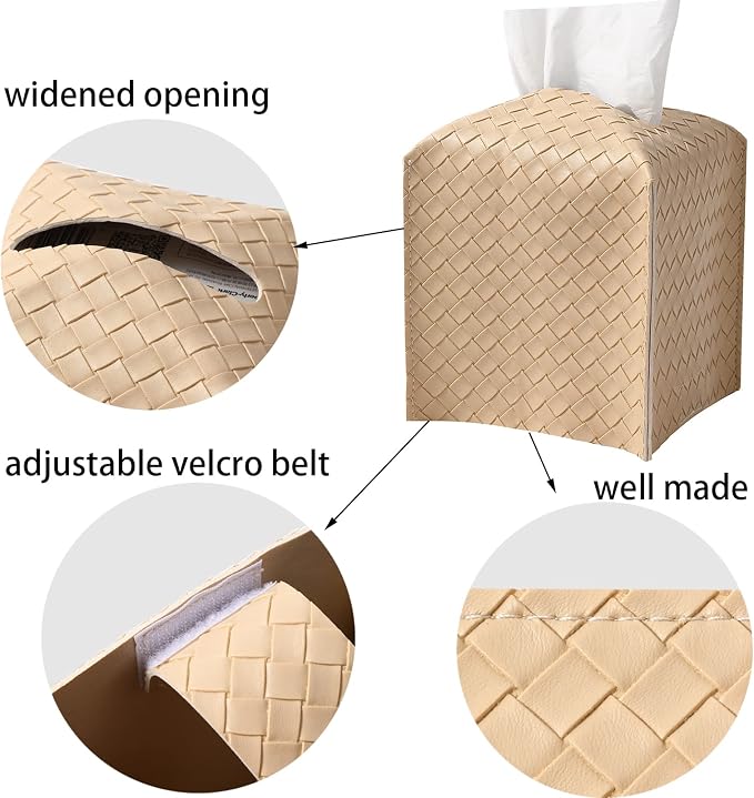 Tissue Box Cover PU Leather Tissue Holder Square Facial Tissue Case Facial Paper Organizer Dispenser for Bathroom, Vanity Countertop, Tabletop, Car, Rice Apricot | PU Leather，Easy to Fill, Easy Clean, Decorative Cube Tissue Box Holder for Office, Bathr... - Image 4
