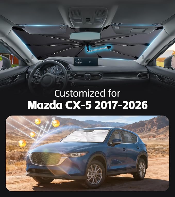 Windshield Sun Shade for Mazda CX-5 2017-2026 with 360° Rotating Shaft | Custom Fit Umbrella Sunshade for UV Blocking, Car Sun Visor Keeps Car Cool, Protects Interior & Easy Storage - Image 2