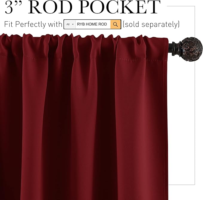 RYB HOME Short Blackout Curtains for Bedroom, Room Darkening Insulated | Rod Pocket, Summer Heat Light UV Blocking, Energy Saving, Drapes for Nursery, W34 x L45, Burgundy Red, 2 Panels - Image 2