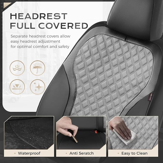 Coverado Front Seat Covers, 2-Pack Luxury Leather Car Seat Cover with Carbon Fibre Weave Design, Waterproof Car Seat Protectors, Driver Seat Covers Universal Fit for Cars SUV Trucks, Black Gray - Image 4
