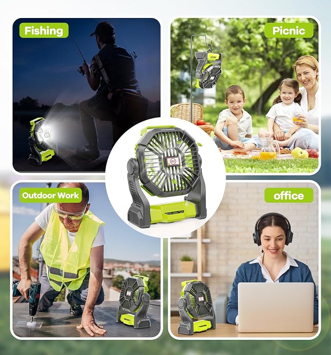 DOWILLDO 10400mAh Portable Battery Powered Camping Fan - with LED Light, Quiet Battery Operated, Camping Gear for Travel, Tent, Beach, Car or Hurricane Power Outages, Green - Image 7