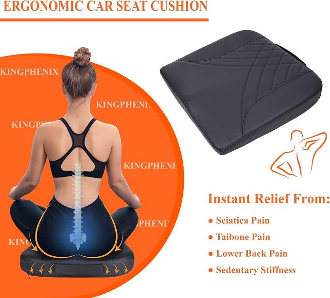 kingphenix Memory Foam Car Seat Cushion for Driving Comfort and Office Use | Coccyx and Lower Back Pressure Relief, Non-Slip Seat Cushion for Cars, Trucks, SUVs, Long Drives and Office Chairs, Black - Image 2
