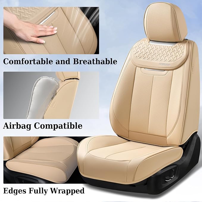 Coverado Car Seat Covers Full Set, Seat Covers Waterproof, Nappa Leather Seat Covers for Cars, Front and Back Car Seat Protector, Breathable Seat Cushion, Seat Cover Universal Fit Most Cars(Beige) - Image 4