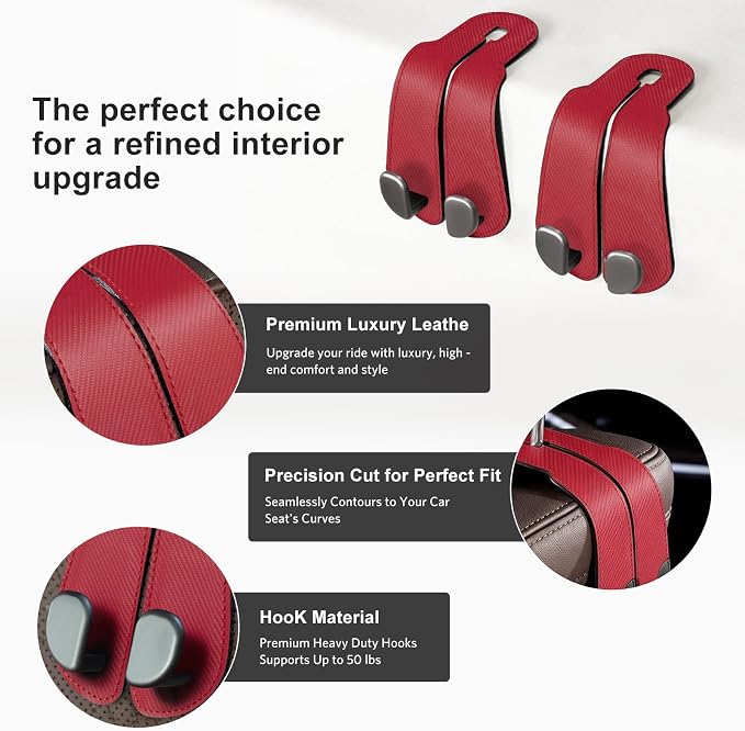 CoBak Purse Hook for Car - Universal Premium Stitched Leather and Aluminum-Magnesium Alloy Double Car Seat Back Storage Hook for Purses, Handbags, Bags (2 Pack),Carbon Red - Image 2