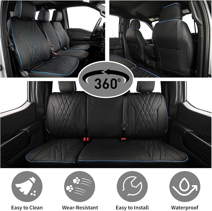EKR F150 Seat Covers Custom Fit for (2 Door,SuperCab/Extended Cab) 2015-2020 Ford F150 XL/XLT/Lariat & 2017-2022 F250/F350 SuperDuty XL/XLT/Lariat Full Set-Faux Leather(Black with Blue Trim) - Image 4
