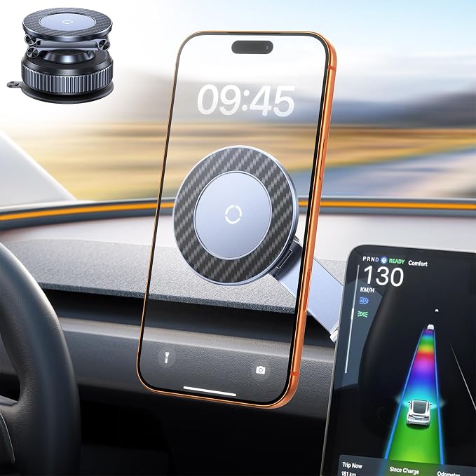 Vacuum Magnetic Car Phone Holder for Magsafe, Long Arm for Tesla Model Y/3 | All Metal, Nano Gel 119+LBS Max Suction,Foldable Hidden Tesla Phone Mount,360°Rotation,Easiest Car Mount for iPhone & Android by DIMONCOAT