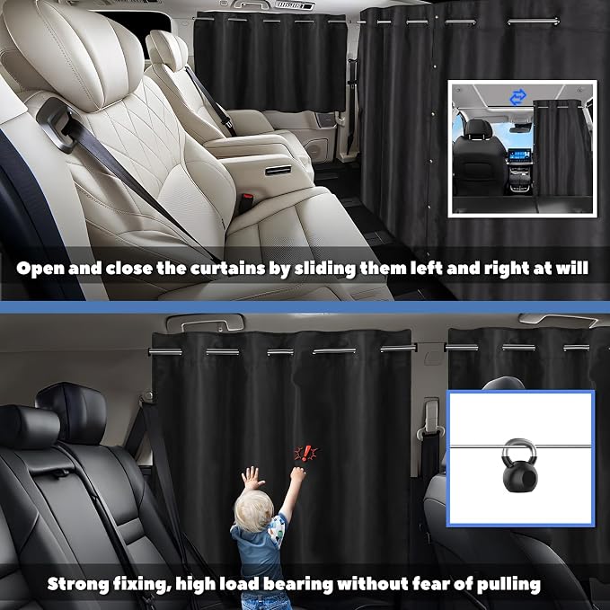 XCBYT 3-Pack Car Privacy Curtains, Rigid Rod Blackout Set | 1 divider & 2 window curtains block 99% light for camping/naps. Measure B-pillar width first; rigid rod not fit narrow car - Image 6