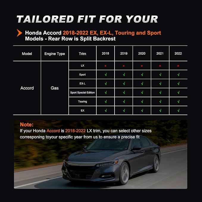 Custom Fit Seat Covers for Honda Accord 2018-2022 | EX-L,Touring,Sport,EX,Hybrid-Faux Leather Waterproof Airbag Compatible Accord Seat Covers Full Set Black&Gray(Not for LX) - Image 3