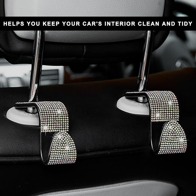 4 PCS Car Seat Headrest Hooks, Bling Crystal Rhinestone Back Seat Hanger Storage Organizer, Sparkly Seatback Holder Hooks for Purse and Bags Universal For Most Vehicles (Colorful) - Image 4