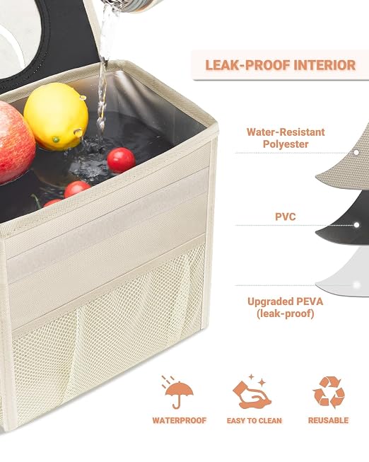 Capolo Car Trash Can with Lid, Leakproof Car Garbage Can Car Trash Bag | Waterproof, Trash Can for Car, 3 Mesh Pockets, Mini Hanging Vehicle Car Trash Bin, for Back/Front Seat (Beige,3 Gal) - Image 4