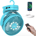 Camping Fan with Remote Control - 12000mAh Rechargeable Battery Powered Fan, Camping Fans for Tents with LED light & Hanging Hook, Rechargeable Battery Operated Ceiling Fans for Tent RV Bed, Blue by Coolice