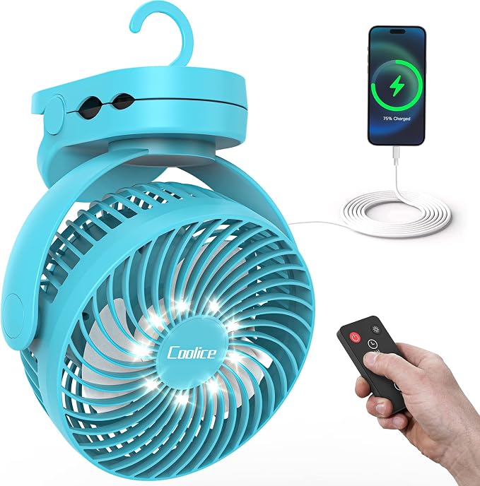 Camping Fan with Remote Control - 12000mAh Rechargeable Battery Powered Fan, Camping Fans for Tents with LED light & Hanging Hook, Rechargeable Battery Operated Ceiling Fans for Tent RV Bed, Blue by Coolice