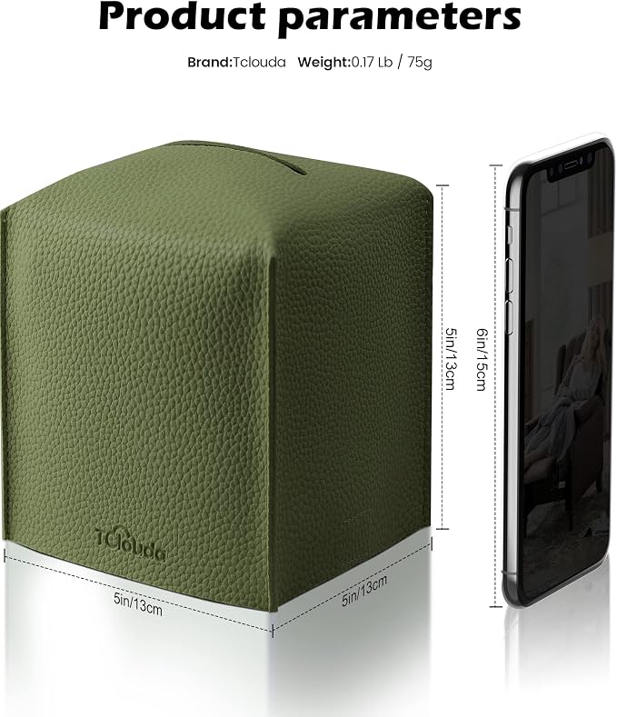 Tissue Box Cover for PU Leather, Modern Simple Solid Color Holder Square Tissue Bag, Ideal for Bathrooms,Office,Car,Nightstand,Outdoor Tent,Dining Table,5"X5"X5", Single Green - Image 2