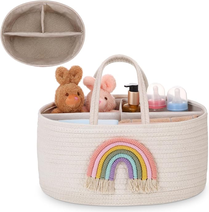 Aliceset Large Baby Diaper Caddy for Girl Boy Rope Nursery Storage Bin Basket Portable Holder Tote Bag for Changing Table Car Travel Baby Shower Gifts Newborn Essentials Registry Must Have(Rainbow) by Aliceset